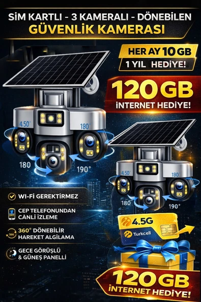 TRCharger Sim Kartlı Kamera | 3 Kameralı Dönebilen Güvenlik Kamerası | Her Ay 10GB Turkcell | 1 Yıl Hediyeli ürün görseli 1
