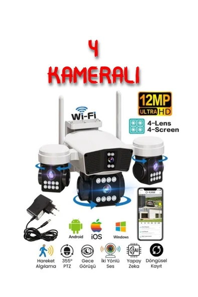 O-KAM 6064 4 Kameralı 12MP WiFi Güvenlik Kamerası – Çift Yönlü Ses, Kişi Algılama, Yağmur & Kara Dayanıklı ürün görseli 1