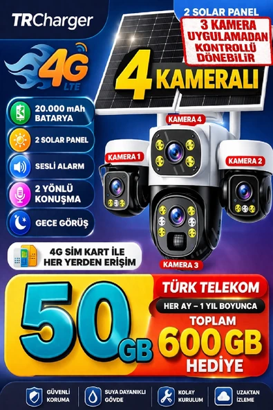 TRCharger 4 Kameralı 12MP 4G Solar PTZ Güvenlik Kamerası 3 Motorlu 7/24 Kayıt 1 Yıl Her Ay 50GB Hediye ürün görseli 1