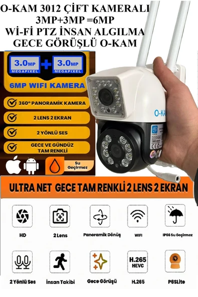 TRCharger O-KAM 3012 6MP 3MP+3MP Çift Lens Wi-Fi PTZ Kamera | Renkli Gece Görüşü | Hareket Takibi |2 Yönlü Ses ürün görseli 1