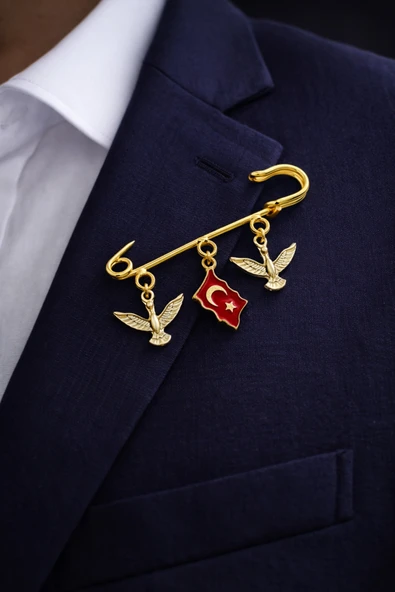roshel Türk Bayrağı Anka Kuşu Temalı Broş İskoç İğnesi Yaka İğnesi Charmlı İğne Çengelli İğne Altın ürün görseli 1