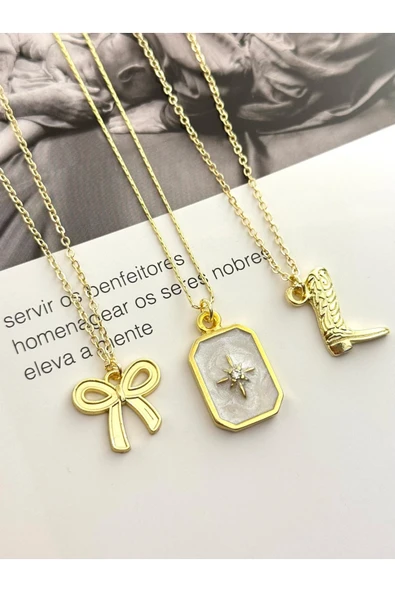 roshel 3'lü Gold Renk Kolye Seti Fiyonk Kuzey Yıldızı Kovboy Çizme Sevgililer Günü Anneler Günü Hediye Altın ürün görseli 1
