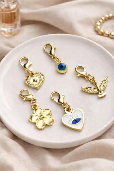 roshel 5 Adet Charm Papağanlı Altın Kaplama Çanta Ayakkabı Charm'ı Nazar-Çiçek-Kalp-Kuş Tak Çıkar Altın ürün görseli 1