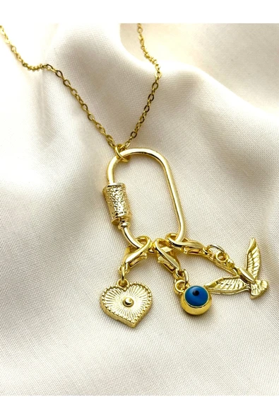 roshel Trend Kolye Charm Takılabilir 3 Charm Hediyeli Çelik Zincirli Kolye Gold Renk Altın ürün görseli 1