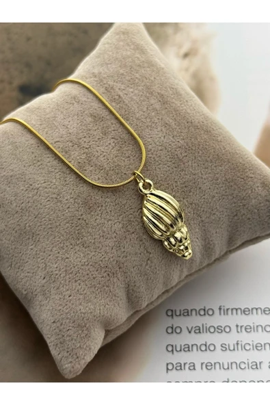 roshel Kararmaz Çelik Gold Renk Kolye Deniz Kabuğu Detaylı Kadın Kolye Yılan Zincir Altın ürün görseli 1