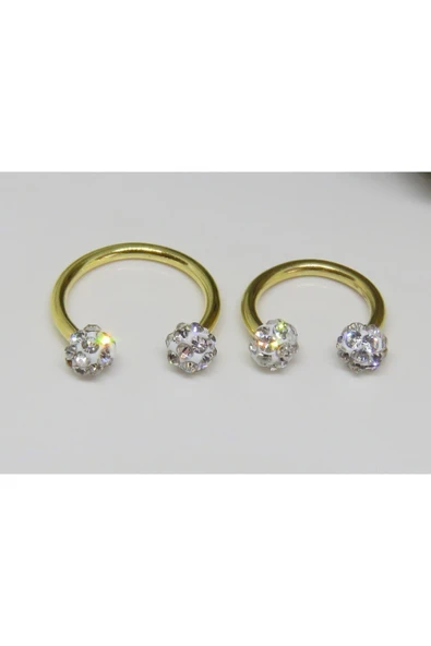 Işıl Işıl Cerrahi Çelik Zirkon Taşlı Gold Piercing, Küpe, Kıkırdak, Tragus, (2 Li Set 8mm+10mm) Gold ürün görseli 1