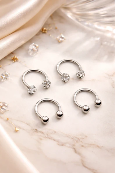 roshel 4'lü 316L Cerrahi Çelik Zirkon Taşlı Kıkırdak Dudak Burun Septum Tragus Piercing 8MM Gümüş ürün görseli 1