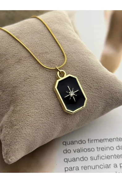 roshel Kararmaz Çelik Gold Renk Kolye Siyah Mineli Yıldız Detaylı Unisex Kolye Yılan Zincir Handmade Altın ürün görseli 1