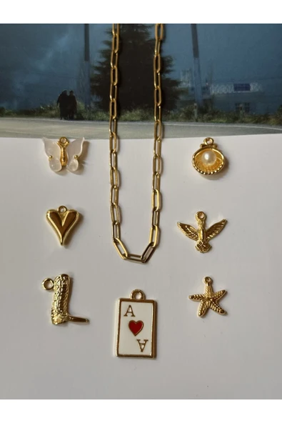 roshel Çelik Ataç Zincir ve 7 Adet Charm Kolye Yapım Seti 10 Adet Halka AS Altın ürün görseli 1
