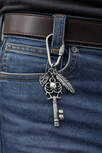roshel Vintage Tasarım Pantolon Kemer Charmı Gümüş Kaplama Anahtar-Kuş Tüyü-Yaprak Gümüş ürün görseli 1