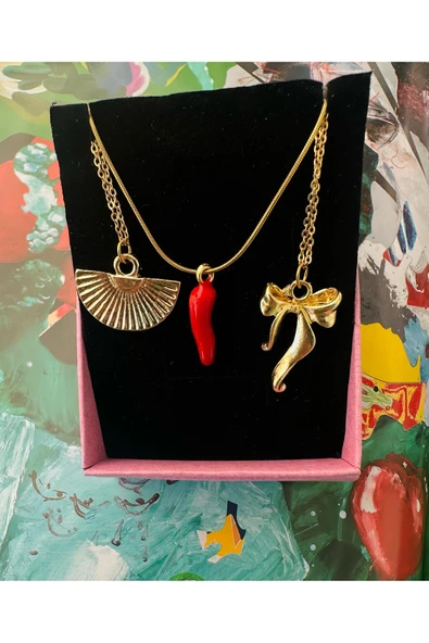 LAİKA Fiyonk-Yelpaze-Biber Gold Renk 3'lü Çelik Kolye Seti Kutulu Sarı ürün görseli 1