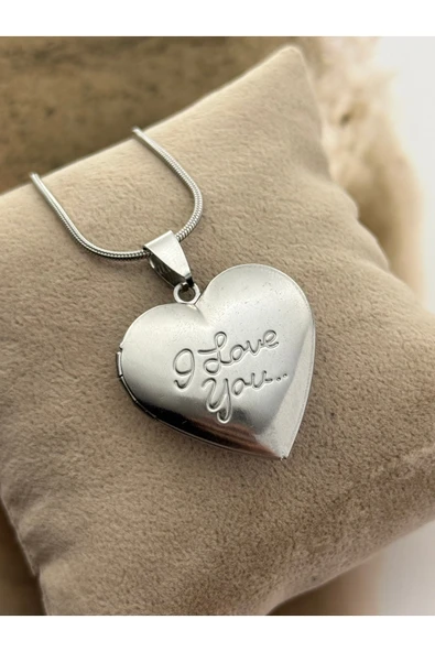 roshel I Love You Yazılı 45/60 CM Kapaklı Kalp Kolye %100 Çelik Kişiselleştirilebilir Sevgililer Günü Özel Gümüş ürün görseli 1