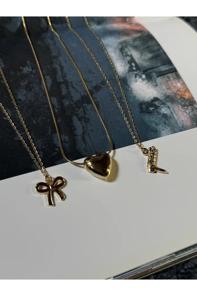 roshel 3'lü Çelik Gold Renk Kolye Seti Fiyonk-Kalp-Çizme 45 CM Altın ürün görseli 1