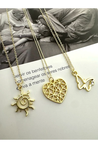roshel 3'lü Gold Renk Kolye Seti Spiral Güneş Kalp Kelebek Sevgililer Günü Anneler Günü Hediye Altın ürün görseli 1
