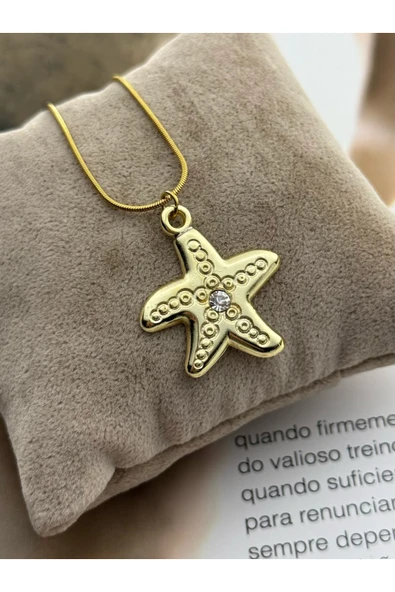 roshel Kararmaz Çelik Gold Renk Kolye z Mineli Yıldız Detaylı Unisex Kolye Yılan Zincir Handmade Altın ürün görseli 1