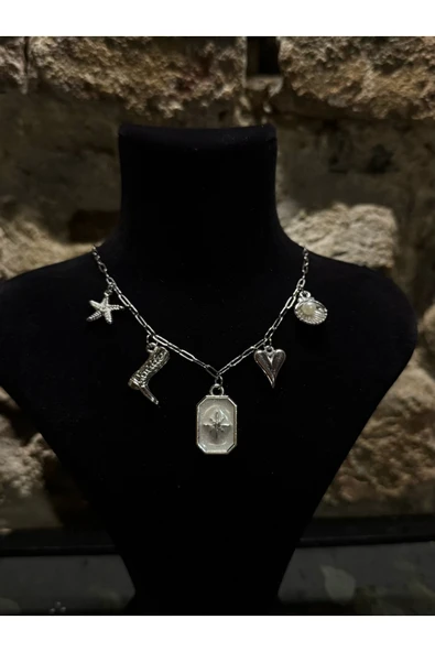 roshel Çelik Gümüş Ataç Zincirli 5 Charm'lı Kolye Kutup Yıldızı-Çizme-Kalp-Deniz Yıldızı-İstiridye GÜMÜŞ ürün görseli 1