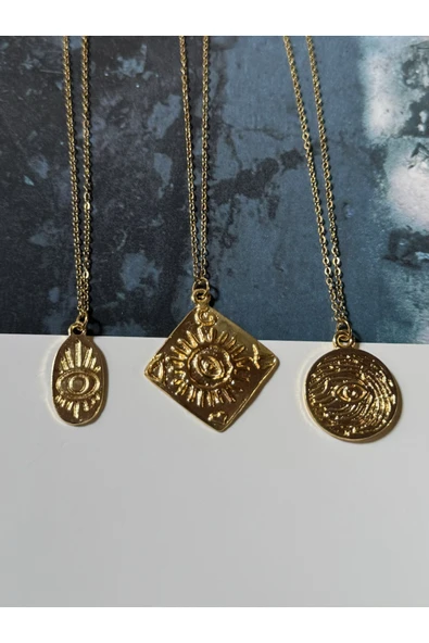 roshel 3'lü Çelik Gold Renk Kolye Seti Göz Set Altın ürün görseli 1