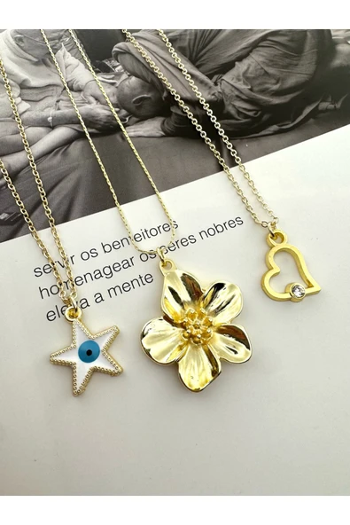 roshel 3'lü Gold Renk Kolye Seti Yıldız Nazar Çiçek Taşlı Damla Kalp Sevgililer Günü Anneler Günü Hediye Altın ürün görseli 1
