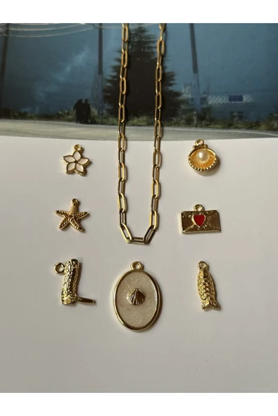 roshel Çelik Ataç Zincir ve 7 Adet Charm Kolye Yapım Seti 10 Adet Halka İstiridye Altın ürün görseli 1