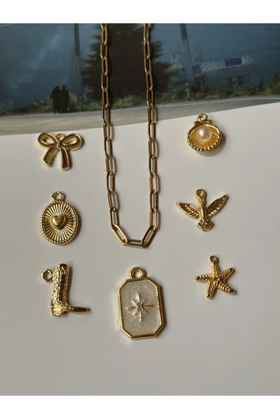 roshel Çelik Ataç Zincir ve 7 Adet Charm Kolye Yapım Seti 10 Adet Halka Kuzey Altın ürün görseli 1