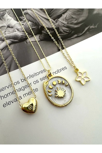 roshel 3'lü Gold Renk Kolye Seti Kalp Spiral Güneş Lotus Sevgililer Günü Anneler Günü Hediye Altın ürün görseli 1
