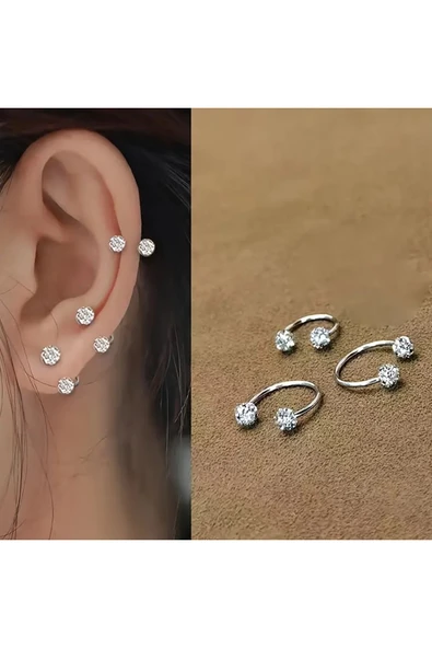 Melantis 3'lü 316l Kararmaz Cerrahi Çelik Kristal Taşlı Kıkırdak Dudak Burun Septum Tragus Piercing Minik Boy gümüş ürün görseli 1