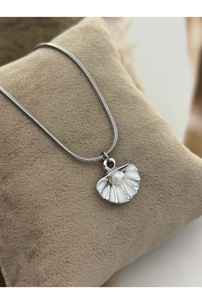 roshel Kararmaz Çelik İncili İstiridye Kolye Gümüş Renk Kadın Kolye Yılan Zincir 45/60 CM Gümüş ürün görseli 1