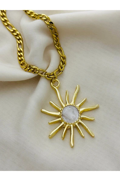 roshel Büyük Mineli Güneş Uçlu Çelik Kolye Figaro Zincir 45/60 CM Boy Seçeneği Altın ürün görseli 1