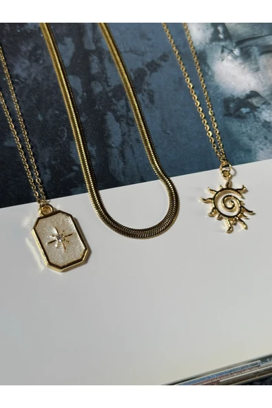 roshel 3'lü Çelik Gold Renk Kolye Seti Spiral Güneş-İtalyan Zincir-Kuzey Yıldızı Altın ürün görseli 1