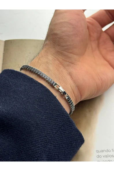 roshel Siyah Zirkon Taşlı Çelik Su Yolu Bileklik / Vip Seri Gümüş Renk 3 CM Uzatma İle Gönderilir Gümüş ürün görseli 1