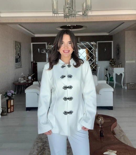 Flora Düğme Detaylı Napolyon Ceket Pantolon Takım - Beyaz ürün görseli 1