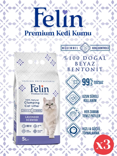 Felin Lavanta Kokulu Topaklanan İnce Taneli Kedi Kumu 5Lx3 ürün görseli 1