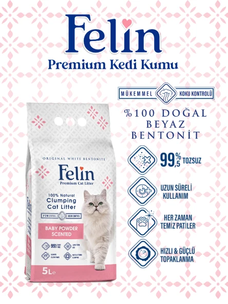 Felin Bebek Pudrası Kokulu Topaklanan İnce Taneli Kedi Kumu 5L ürün görseli 1