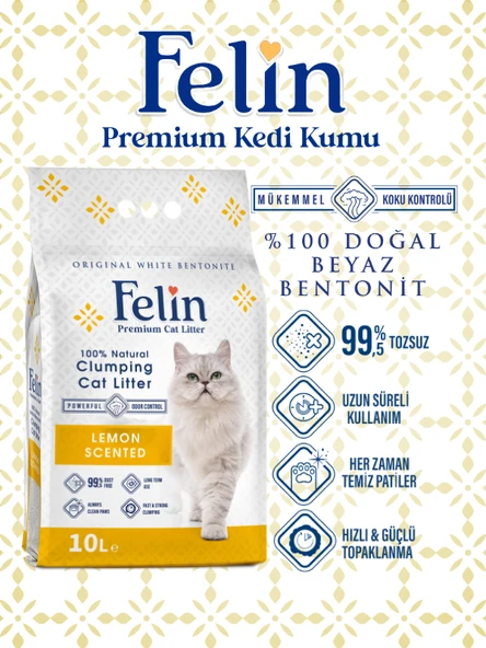 Felin Limon Kokulu Topaklanan İnce Taneli Kedi Kumu 10L ürün görseli 1