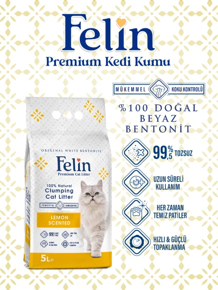 Felin Limon Kokulu Topaklanan İnce Taneli Kedi Kumu 5L ürün görseli 1