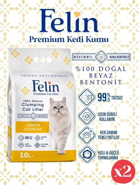 Felin Limon Kokulu Topaklanan İnce Taneli Kedi Kumu 10Lx2 ürün görseli 1