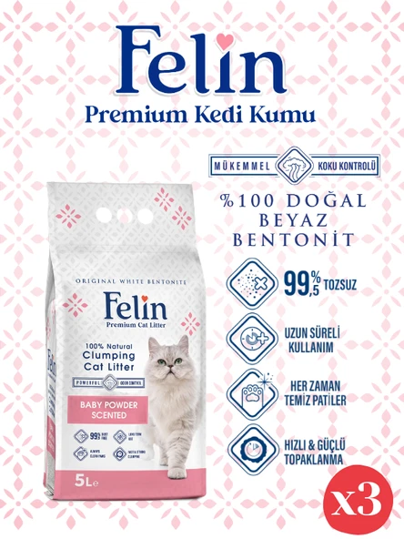 Felin Bebek Pudrası Kokulu Topaklanan İnce Taneli Kedi Kumu 5Lx3 ürün görseli 1