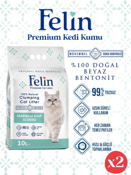 Felin Marsilya Sabunu Kokulu Topaklanan İnce Taneli Kedi Kumu 10Lx2 ürün görseli 1