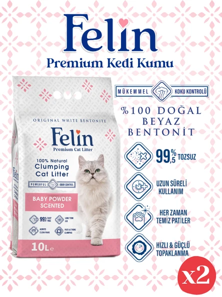 Felin Bebek Pudrası Kokulu Topaklanan İnce Taneli Kedi Kumu 10Lx2 ürün görseli 1