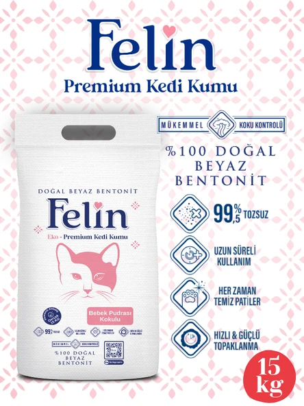 Felin Bebek Pudrası Kokulu Topaklanan İnce Taneli Kedi Kumu 15 kg ürün görseli 1