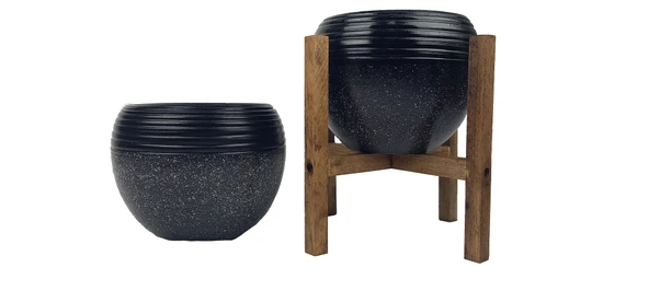 Bitki Tasarımı Siyah Granit Küp Saksı Saksılık Salon Çiçeklik İkili Set (4 Ayaklı-Ayaksız) ürün görseli 1
