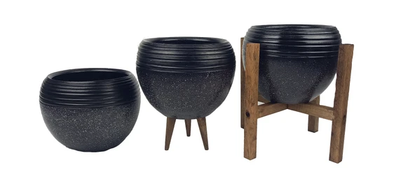 Bitki Tasarımı Siyah Granit Küp Saksı Üçlü Set - Resim 2