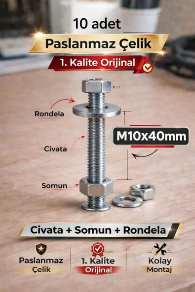 akatsuki Paslanmaz Çelik civata + Somun + Rondela Seti (M10x40mm) _ 10 Adet ürün görseli 1