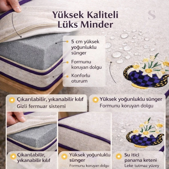Nergis Çiçekli Nakışlı Sandalye Minderi 40x40x5 cm Panama Keten 5 cm Süngerli Özel Tasarım ürün görseli 1