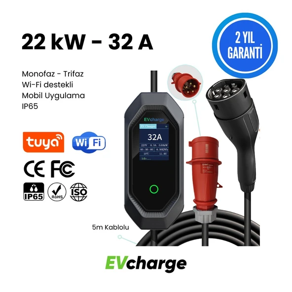 EVcharge 22 Kw Elektrikli Araç Taşınabilir Şarj Istasyonu 32A Tip-2 5X32A 5 mt Tip2(Mobil Uygulama) ürün görseli 1