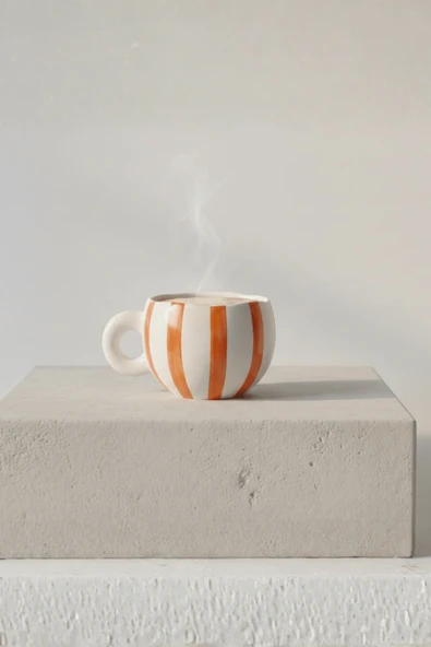 Turuncu Çizgili 400 ml El Yapımı Seramik Çay Kahve Mug Kupası MIT1323 ürün görseli 1