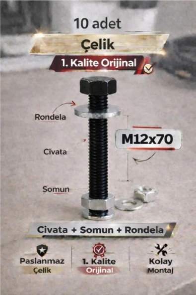 akatsuki Paslanmaz Çelik civata + Somun + Rondela Seti (M12x70mm) _ 10 Adet ürün görseli 1
