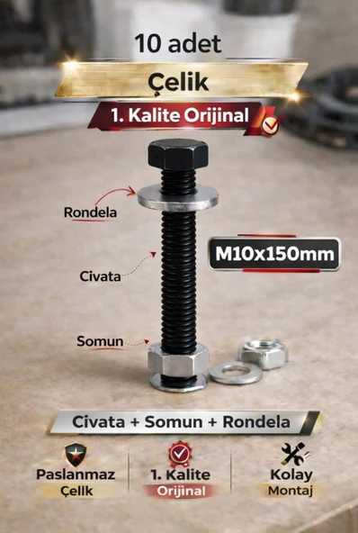 akatsuki Paslanmaz Çelik civata + Somun + Rondela Seti (M10x150mm) 10 _ Adet ürün görseli 1