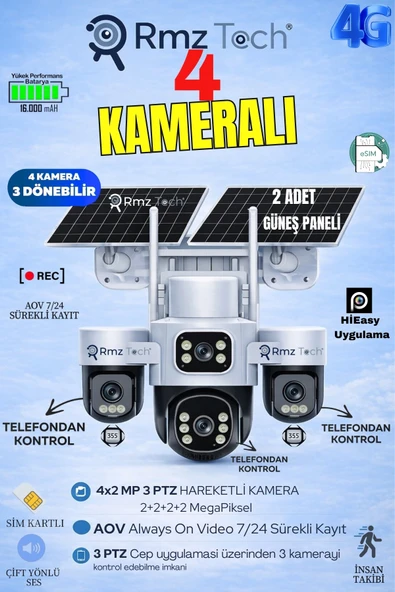İNOX X24 4 KAMERALI 2+2+2+2 8MP 4 LENSLİ 3 MOTORLU ESİM 4G SOLAR SİM KARTLI KAMERA ÇİFT PANELLİ ürün görseli 1