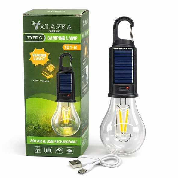 ALASKA COMPANY T01-B Güneş Enerjili USB Şarjlı Kamp Lambası LED Ampul Askılı Taşınabilir ürün görseli 1